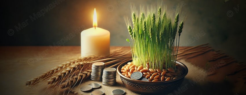 Ритуал на деньги с монетами и зерном